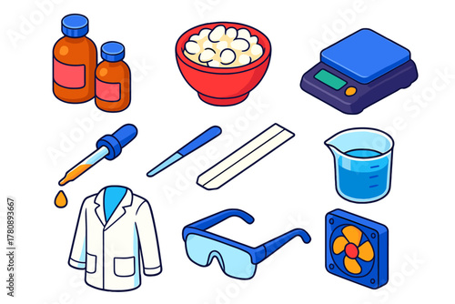 Candle Making Essentials. Isometric vector illustration set Candle making – fragrance oil bottles, coconut wax pellets, fragrance