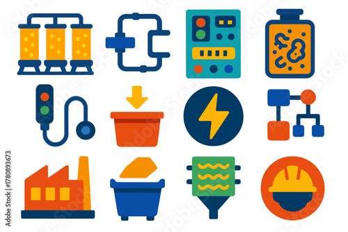 Industrial Biomining Icons. Flat vector icons of industrial biomining setup: leaching tanks, piping, control panel, bacteria