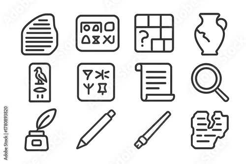 Decipherment Icon Set. Line style icons of Decipherment Studies: Rosetta Stone, Undeciphered Script, Linguistic Puzzle, Cultural