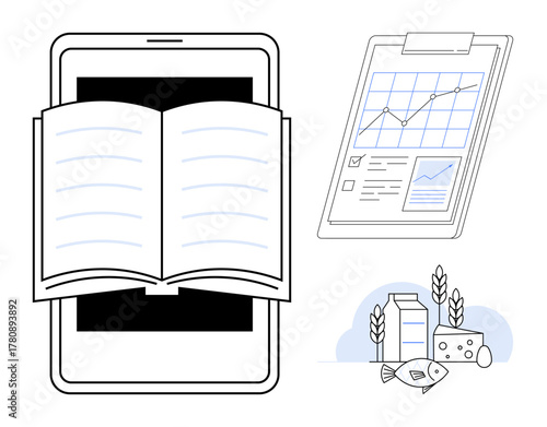 Open book on a tablet, diet chart on clipboard, and food items with milk, cheese, fish, and grain. Ideal for education, nutrition tracking, health planning technology healthy habits modern life