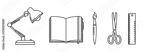 Black outline vector illustration of a desk lamp, open book, paintbrush, scissors, and ruler in a minimal linear style.