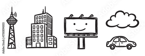Hand-drawn black icons of a communication tower, multi-story buildings, a smiling billboard, a cloud, and a car on a white background.