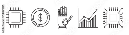 Black outline vector icons depicting a computer chip, a coin with a dollar sign, a robotic hand, and a line graph with upward trend.
