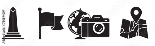 Black silhouette icons of an obelisk monument, a waving flag on a pole, a globe with a camera, and a map with a location marker.