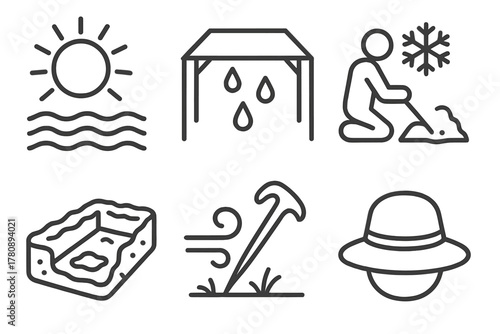 Fieldwork Weather Icons. Line style icons of seasonal conditions in fieldwork: summer heatwave icon, rain tarp symbol, winter dig