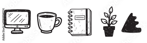 Hand-drawn vector icons of a computer monitor, coffee cup, notebook, potted plant, and mountain peak, each outlined in black.