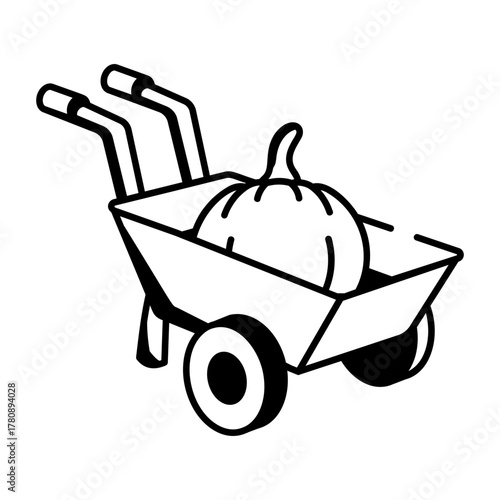 Sketchy style icon showing pumpkin wheelbarrow
