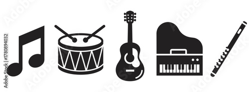 Black and white icons of a musical note, drum with sticks, acoustic guitar, grand piano, and flute, representing various musical instruments.
