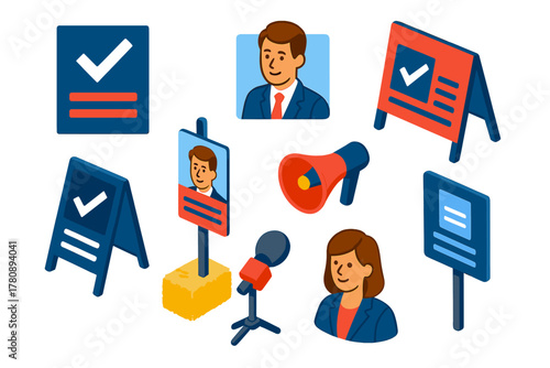Election Campaign Icons. Isometric vector illustration set Voting and elections – campaign poster, candidate portrait, slogan