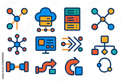 Technological System Icons. Flat vector icons of technological systems and networks: network nodes, cloud server, server rack,
