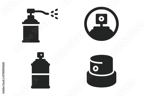 Spray Can Icons. Solid style icons of spray can technology analysis: early spray device icon, paint valve glyph, pressure ring