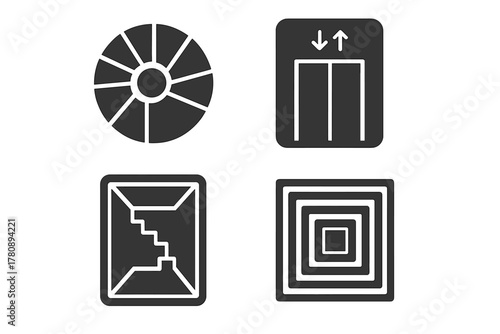 Stairwell and Shaft Icons. Line style icons of physics virtual labs: motion graph simulator, force diagram, pendulum swing test,