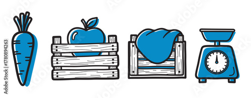 Hand-drawn icons of a carrot, an apple in a crate, a textile in a crate, and a weighing scale, each accented with blue color.