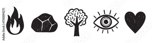 Black silhouette icons of five natural and symbolic elements: fire, rock, tree, eye, and heart, each representing distinct ideas and emotions.