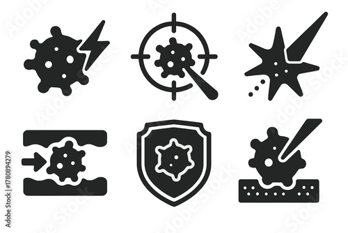 Plasma Cancer Therapy Icons. Solid style icons of plasma cancer therapy: tumor cell with plasma ray, targeted destruction icon,