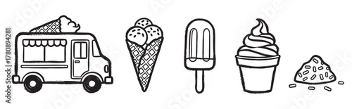Black outline drawings of an ice cream truck, waffle cone, popsicle, soft serve cup, and sprinkles representing various dessert items.