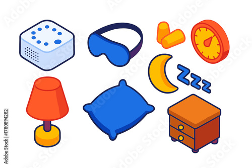 Sound Therapy Icons. Isometric vector illustration set Sound therapy – white noise box, sleep mask, earplugs; timer dial, moon