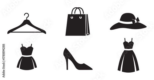 Black silhouette icons of a hanger, shopping bag, wide-brimmed hat, sleeveless top with skirt, high heel shoe, and a sleeveless dress.