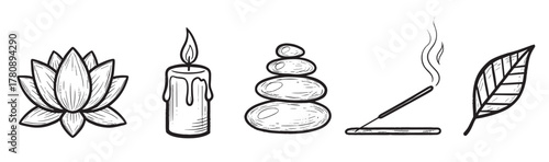 Black outline drawing featuring a lotus flower, a burning candle, stacked stones, smoking incense, and a large leaf for a calming and serene atmosphere.