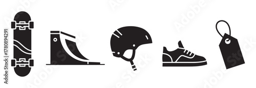 Black silhouette icons of a skateboard, ramp, helmet, sneaker, and price tag, representing skateboarding culture and gear.