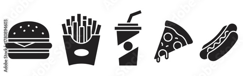 Black silhouette icons of a hamburger, french fries, soda cup, pizza slice, and hot dog arranged in a row.