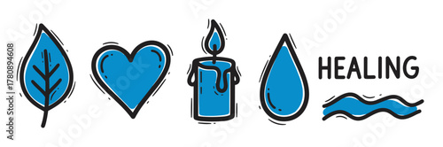 Blue hand-drawn icons of a leaf, heart, candle with flame, water drop, and the word "healing" with a wavy line.