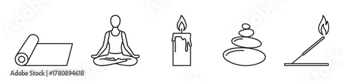 Black outline icons of yoga mat, person meditating in lotus position, candle, stacked stones, and incense stick.
