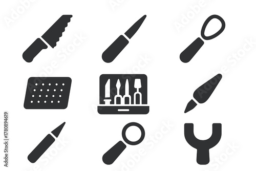 Ice Carving Tools Icons. Solid style icons of ice etching tools: serrated frost blade, fine-tip engraver, looped chisel icon.