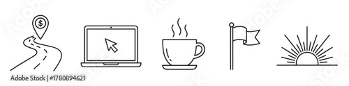 A linear arrangement of icons depicting a marked road, a laptop with cursor, a steaming coffee cup, a flag on a pole, and a rising sun symbol.