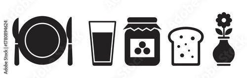 Black silhouette icons of a plate with cutlery, a glass, a jar, a slice of bread, and a flower vase arranged in a row.