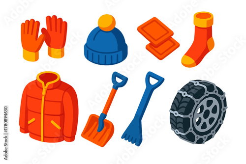 Cold Weather Essentials. Line style icons of glacier monitoring: satellite view of glacier, glacier melt tracking station, ice