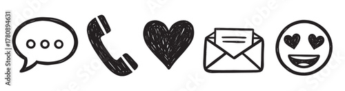 Black outline icons of a speech bubble, telephone handset, heart, envelope, and smiling face with heart eyes.