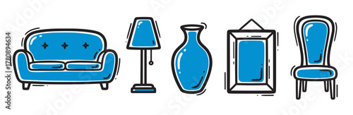 Stylized outline icons of a couch, floor lamp, vase, framed mirror, and chair with blue accents emphasizing home decor elements.