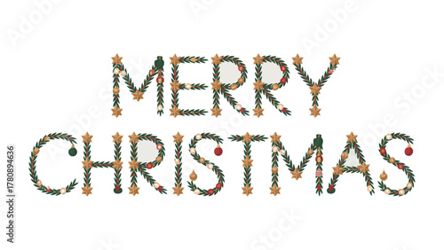 Festive Christmas Greeting: A visually appealing holiday greeting spells out Merry Christmas using decorative elements that evoke the spirit of the season. 