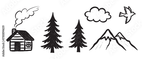Hand-drawn black and white illustrations of a cabin with smoke, two pine trees, clouds, a bird, and mountains.