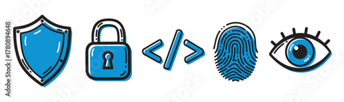 Hand-drawn icons of a shield, lock, coding brackets, fingerprint, and eye, representing security and privacy concepts.