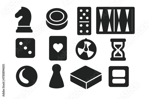 Classic Board Game Icons. Solid style icons of Classic Board Games: Chess Piece, Checker, Domino, Backgammon Board, Dice, Playing
