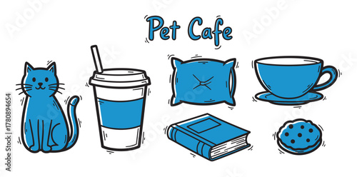 Hand-drawn vector illustration of a pet cafe theme with a cat, coffee cup, soft pillow, tea cup, book, and cookie in blue and black outlines.