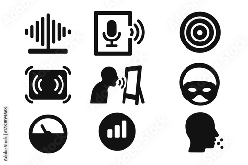 Sound-Reactive Art Icons. Solid style icons of sound-reactive gallery pieces: audio wave sculpture, voice-controlled canvas,