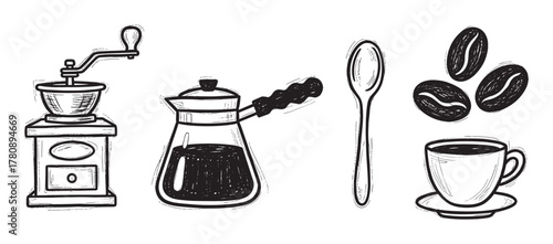 Black and white sketched illustrations depicting a coffee grinder, coffee pot, spoon, coffee beans, and a cup of coffee on a saucer.