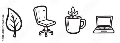 Black outline icons of a leaf, office chair, mug with plant, and laptop, representing nature, work, and technology.