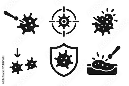 Plasma Cancer Therapy Icons. Solid style icons of plasma cancer therapy: tumor cell with plasma ray, targeted destruction icon,