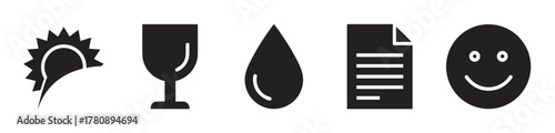 Set of five black and white icons featuring a sun behind a person’s head, a fragile glass symbol, a drop shape, a document with lines, and a smiling face.
