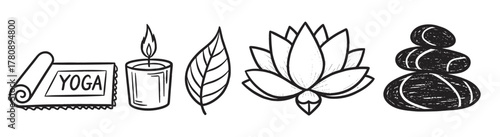 Black outline vector icons of a yoga mat, lit candle, single leaf, lotus flower, and balanced stones. minimal linear illustrations for wellness and relaxation themes.