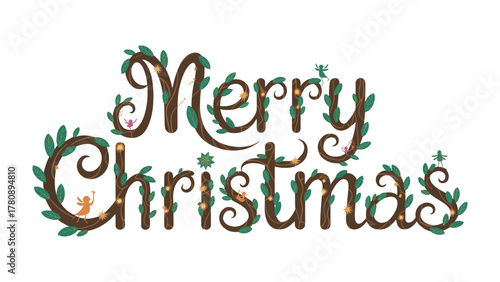 Festive Greetings: Merry Christmas typography, adorned with leaves and subtle lighting. Evoking the spirit of Christmas.