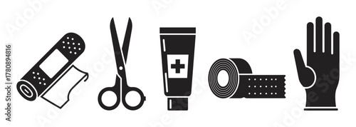 Black and white icons of essential first aid supplies including scissors, adhesive bandages, medical cream, tape, and a protective glove.