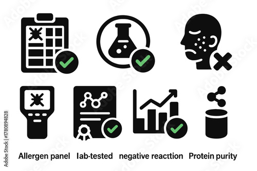 Allergen-Free Verification Icons. Solid style icons of allergen-free verification: allergen panel chart, lab-tested badge,