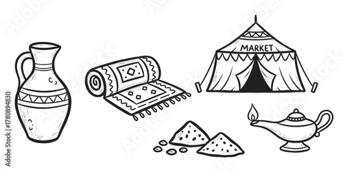 Black and white illustration featuring a patterned vase, a decorative rolled carpet, a market tent, sand piles, and an ornate lamp.