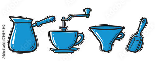 Blue cartoon-style coffee set including a cezve, manual grinder, cup with saucer, and coffee scoop, depicted with a playful dotted outline.