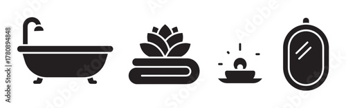 Black silhouette icons of a bathtub with a shower, lotus flowers on towels, a lit candle, and an oval mirror representing bathroom spa elements.